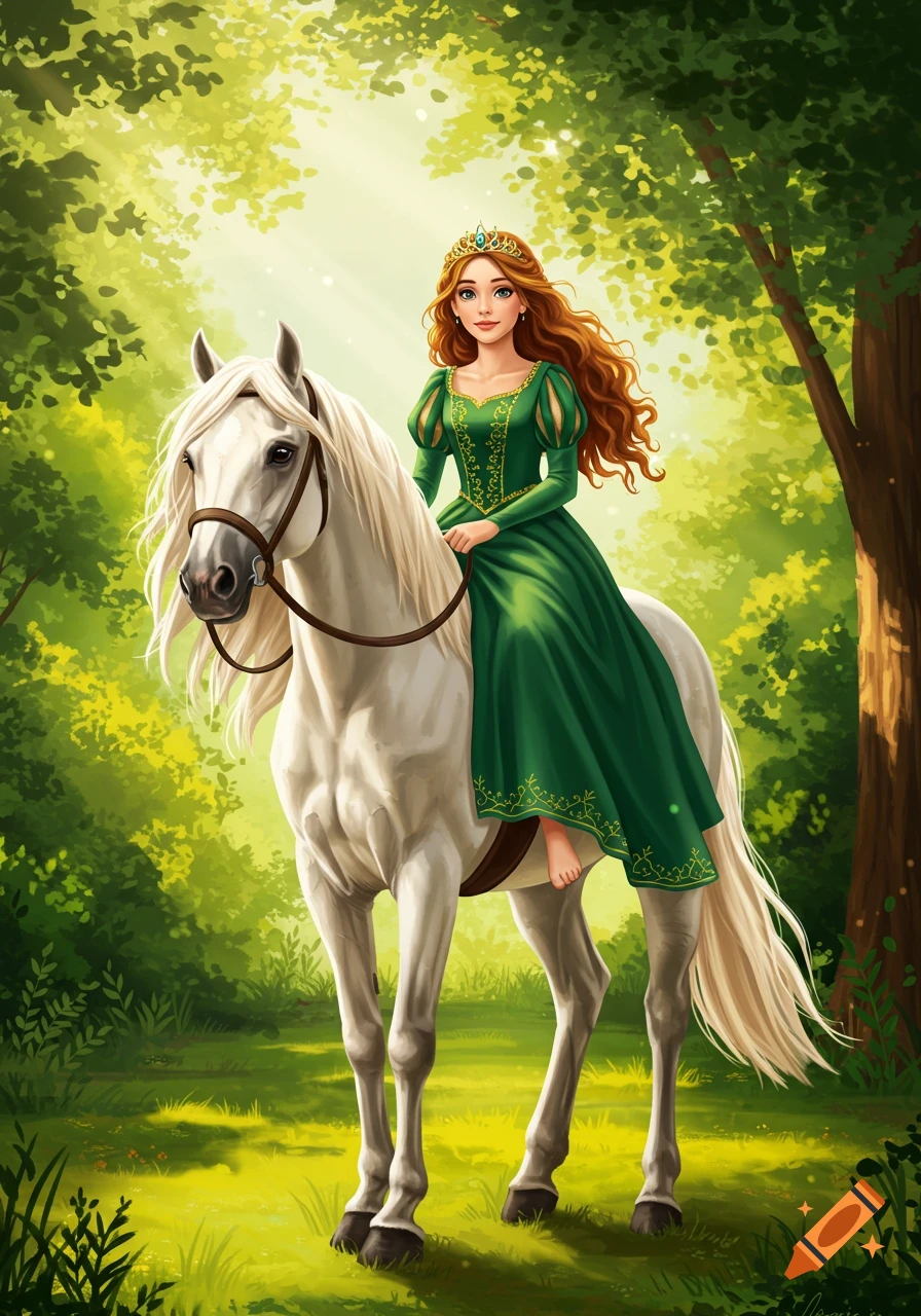 A fairytale princess with long red hair and a green dress rides a white horse through a sunlit, enchanted forest.