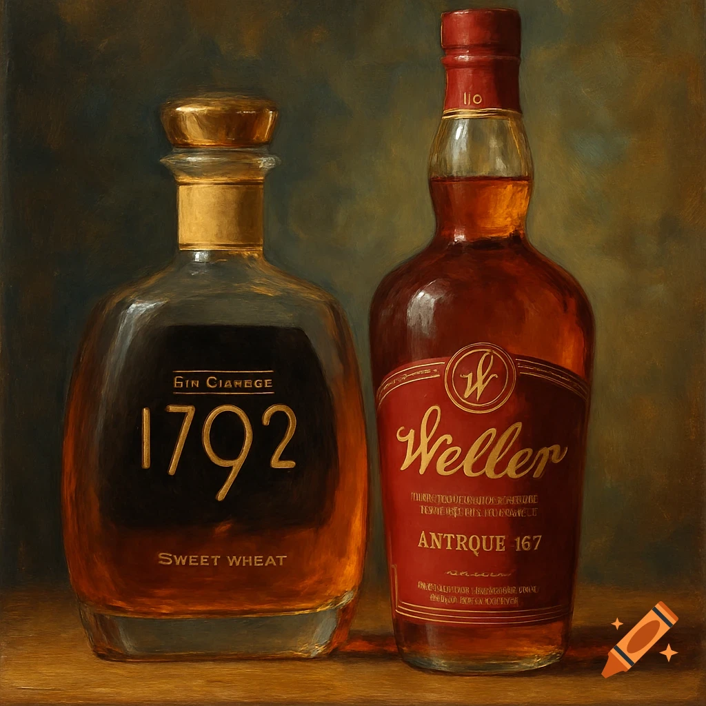 Two bottles of bourbon, one labeled '1792 Sweet Wheat' and the other 'Weller', presented in a rich, painterly still life style.