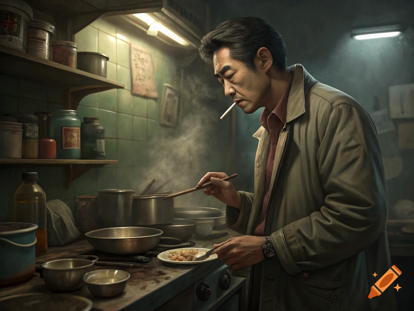 A man in a trench coat and red shirt smokes a cigarette while cooking in a messy, dimly lit kitchen, with steam rising from a pan.