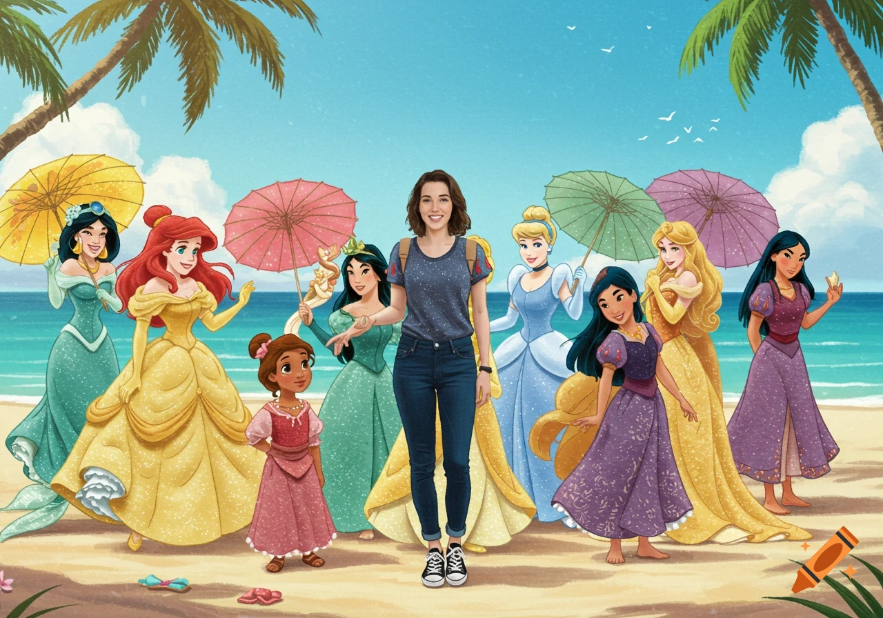 A smiling woman stands on a sandy beach surrounded by several cartoon Disney princesses and a child, with palm trees and ocean in the background, in a bright, colorful illustration style.