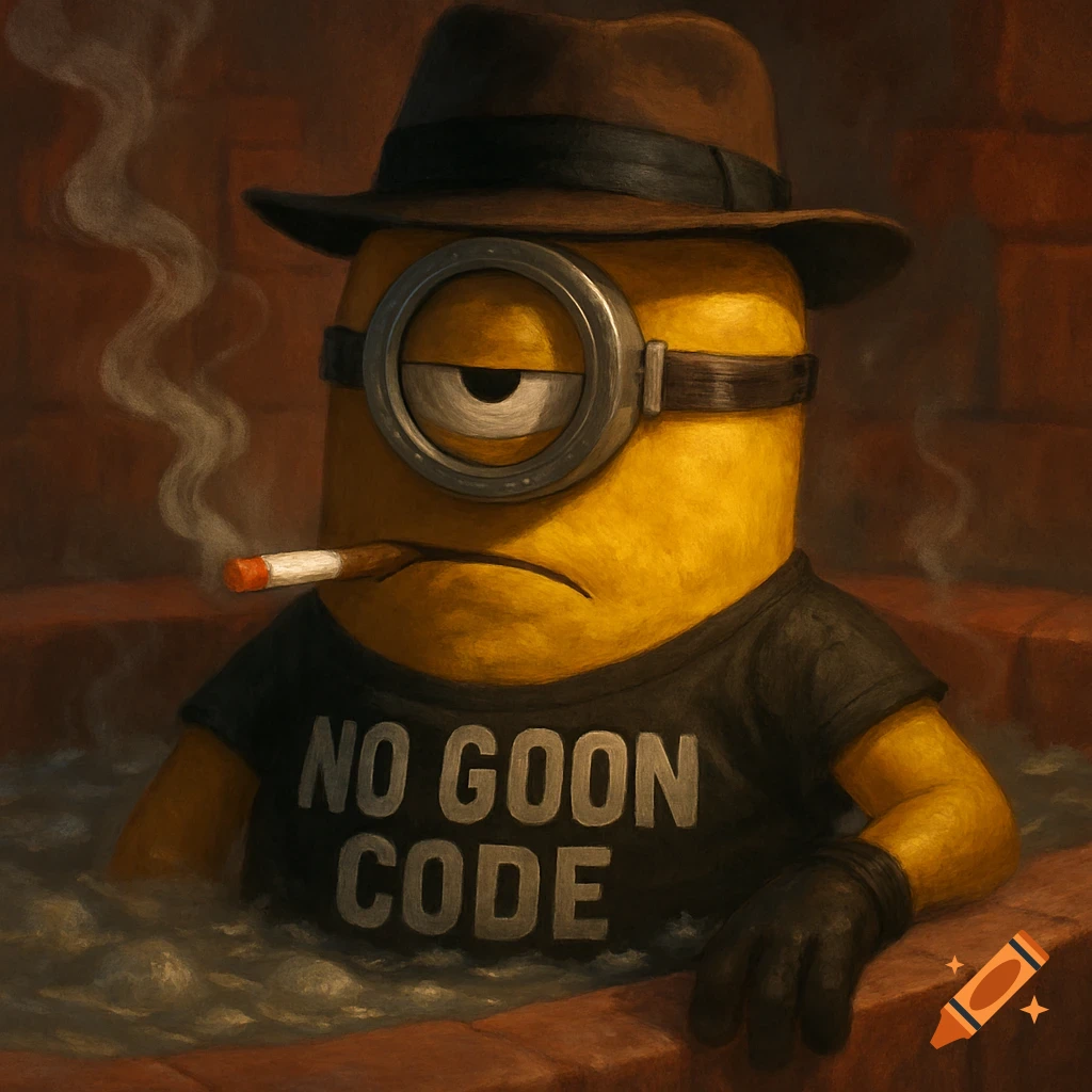 A gangster Minion in a fedora and a 'NO GOON CODE' shirt, smoking a cigar in a hot tub, digital painting.