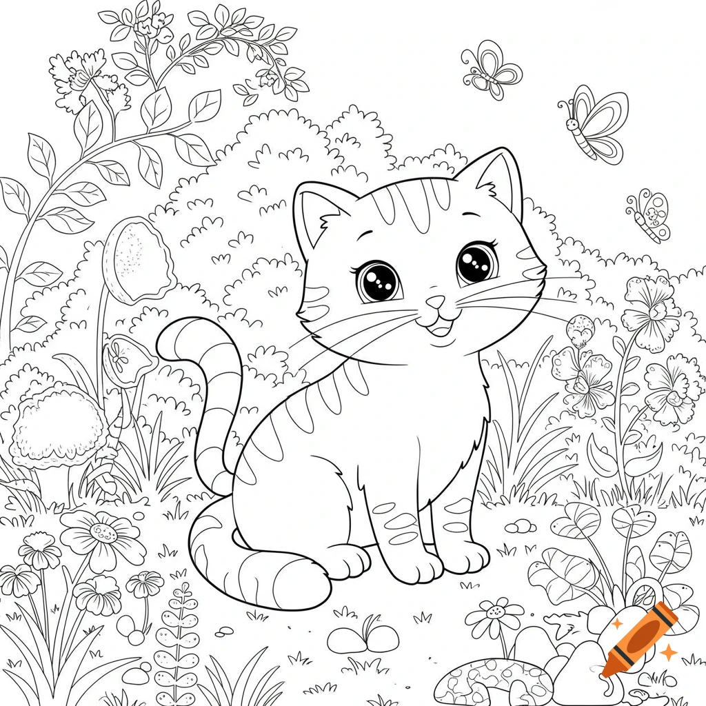 A cute cartoon-style cat sits in a garden with butterflies and flowers, depicted in black and white line art for a coloring book.