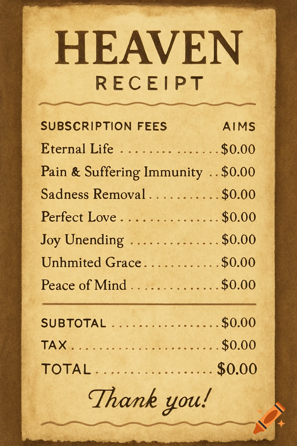 A vintage-style Heaven Receipt listing spiritual benefits like eternal life and peace of mind, all for $0.00.