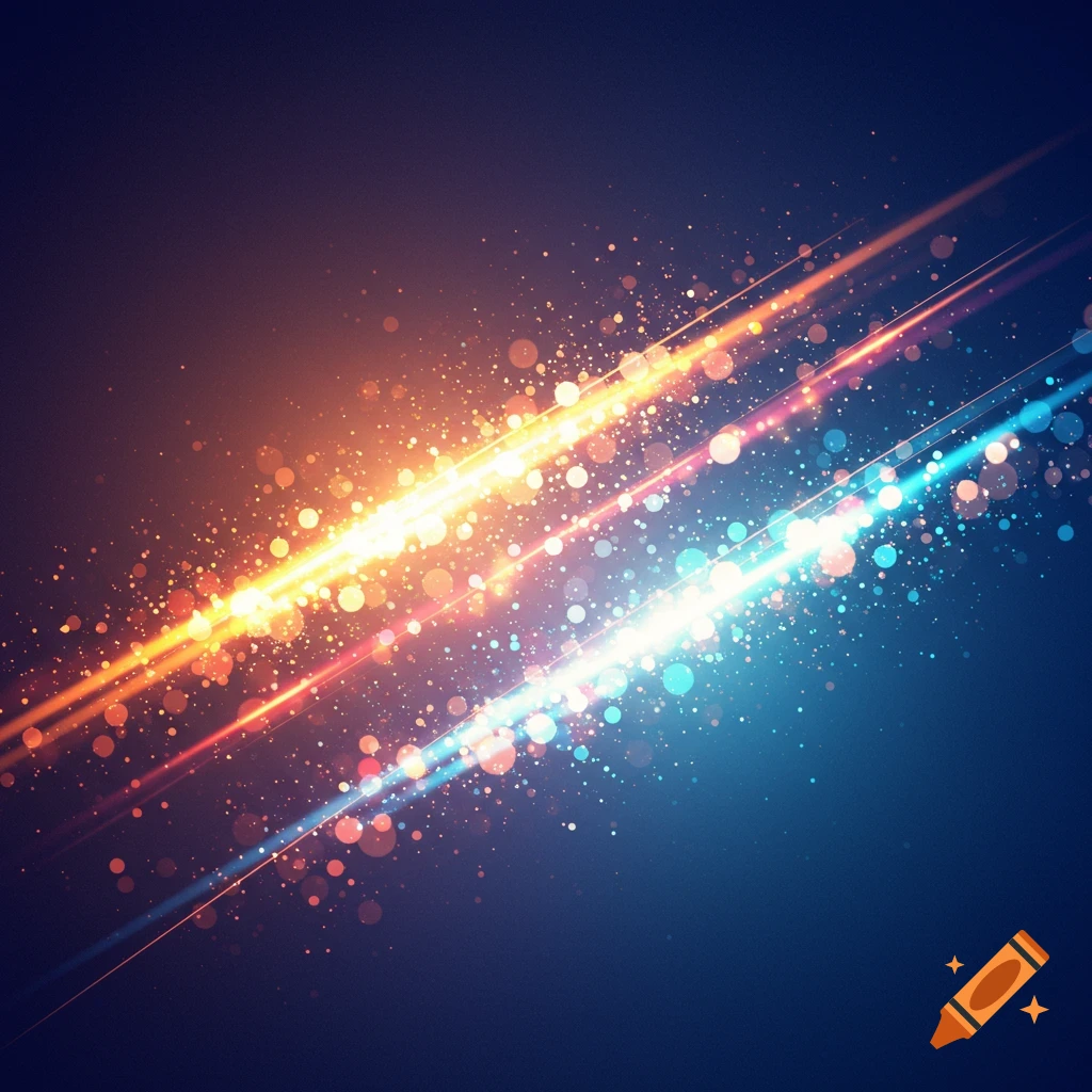 Abstract background with glowing orange and blue light streaks and scattered particles.