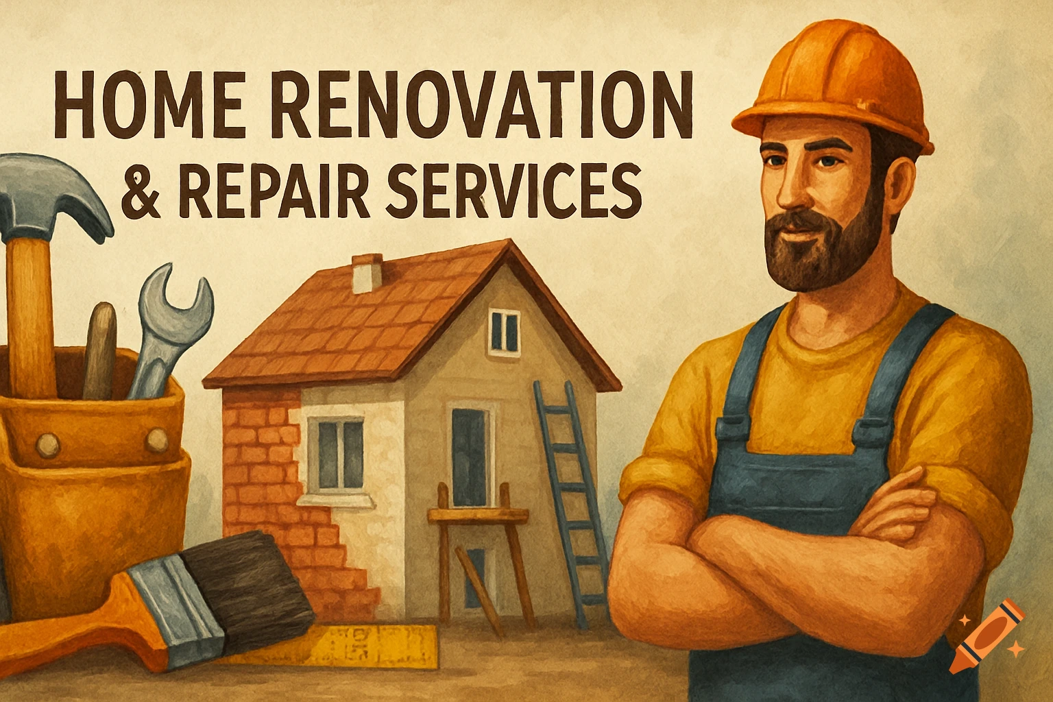 An illustration of a male construction worker with tools and a house undergoing renovation, with text 'HOME RENOVATION & REPAIR SERVICES'.