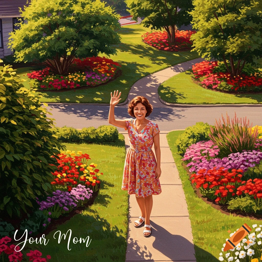 Overhead illustration of a smiling woman in a floral dress waving from a sidewalk in a lush suburban neighborhood with text 'Your Mom'.