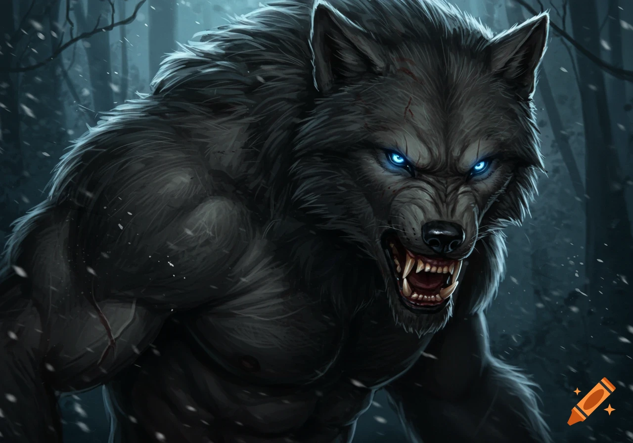 A snarling werewolf with glowing blue eyes stands in a dark, snowy forest, depicted in a digital art style.