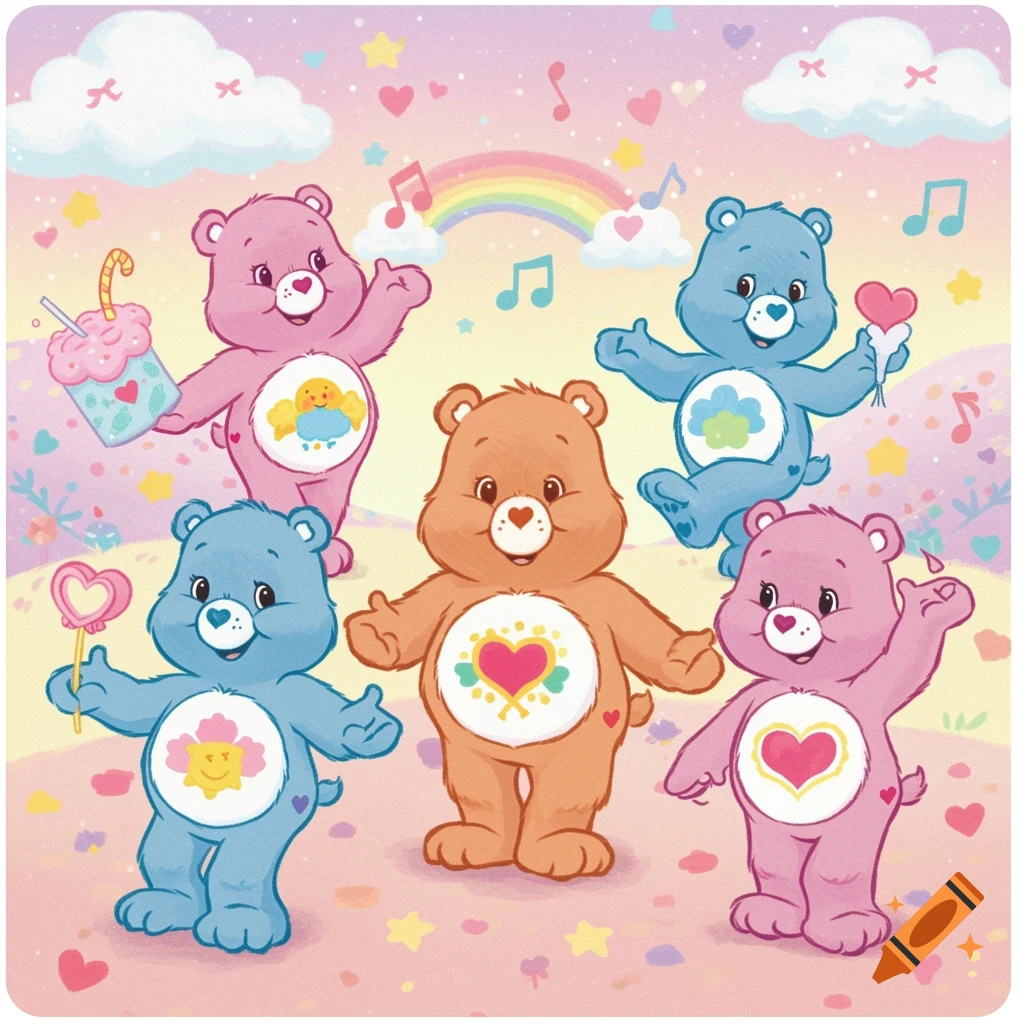 Five colorful Care Bears, including pink, blue, and orange, stand in a pastel landscape with hearts, stars, musical notes, and a rainbow. Each bear has a unique belly badge.