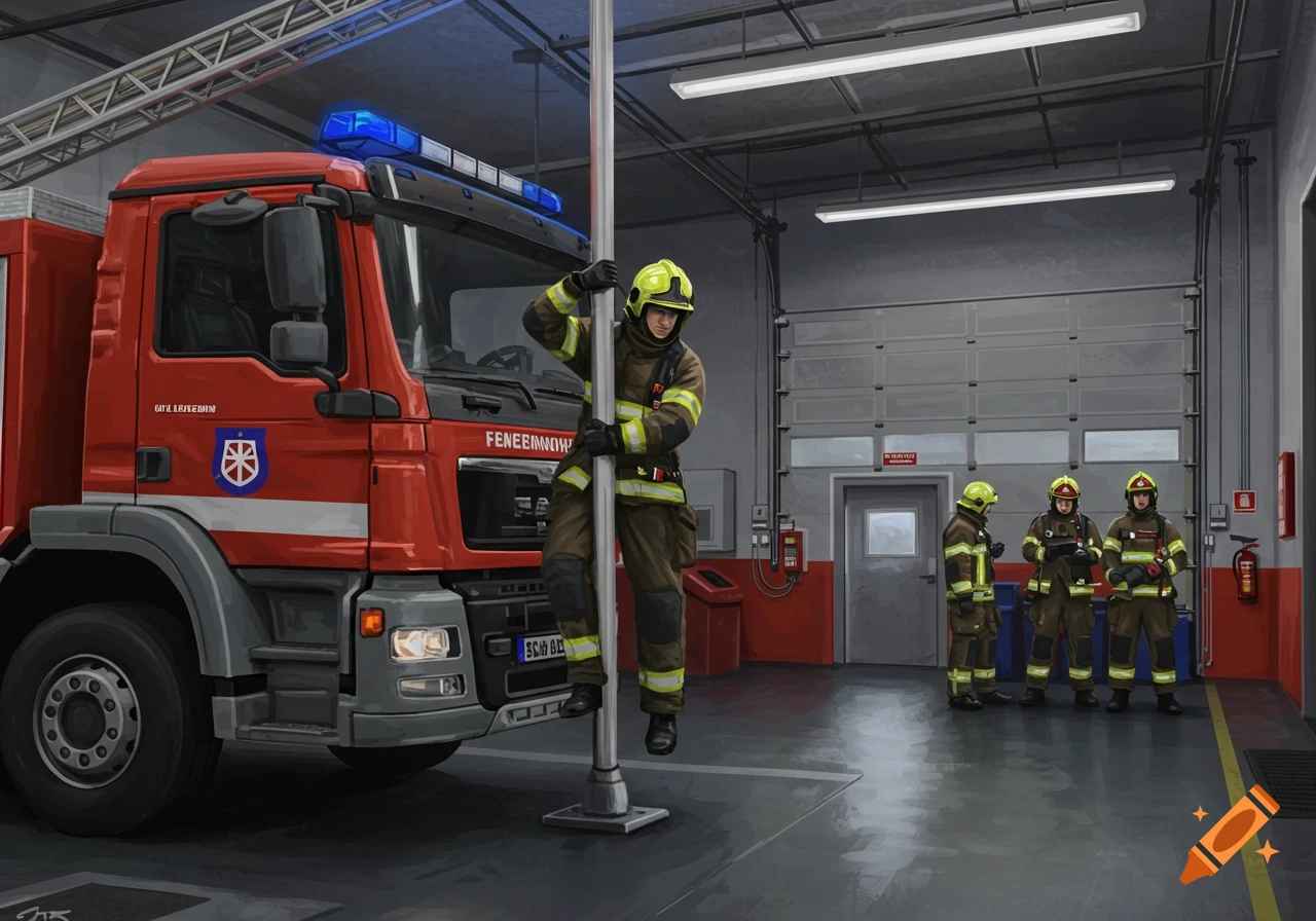 A firefighter slides down a pole next to a large red fire truck in a fire station, with three other firefighters standing in the background.