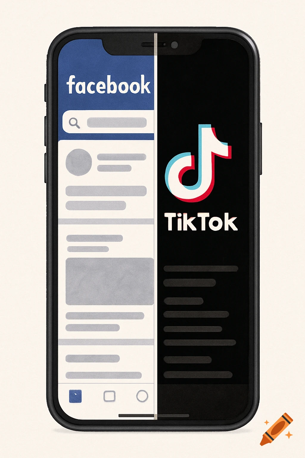 Smartphone screen split between Facebook and TikTok app interfaces.