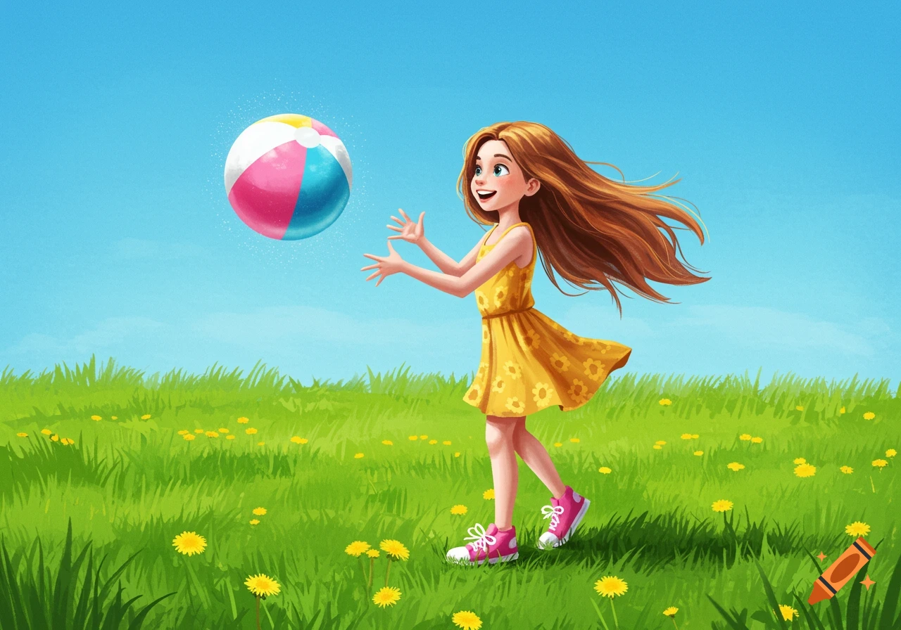 A smiling cartoon girl with long reddish-brown hair in a yellow dress plays with a colorful beach ball in a grassy field with dandelions.