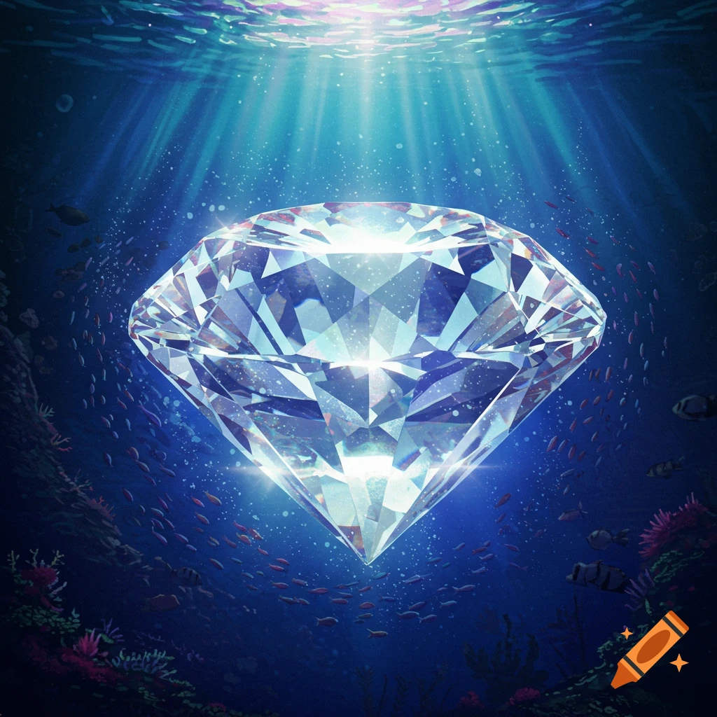 A large sparkling diamond floats underwater amidst schools of small fish and coral, illuminated by bright light rays from above.