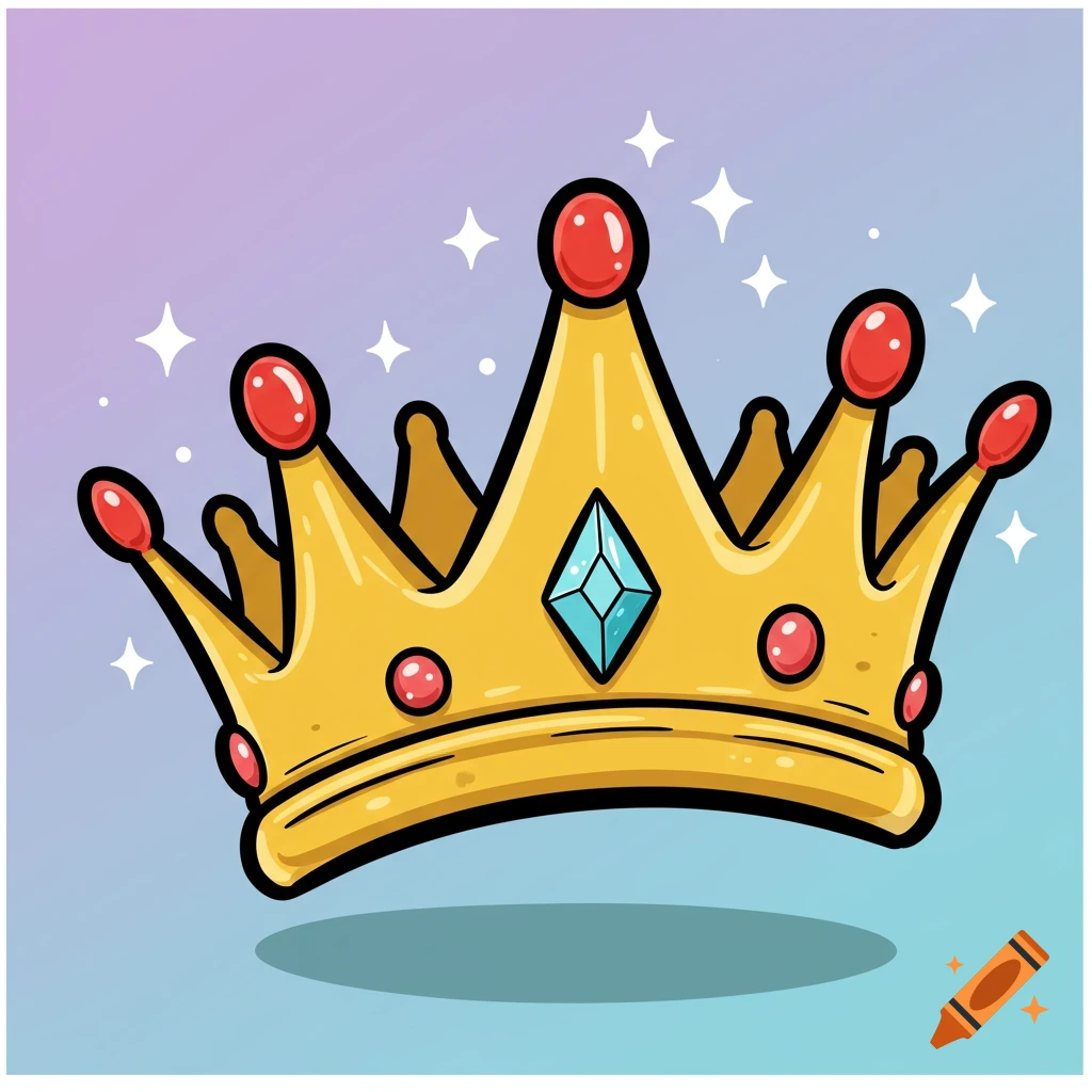 A golden cartoon crown adorned with red gems and a large blue diamond, set against a soft purple and blue gradient background with white sparkles.