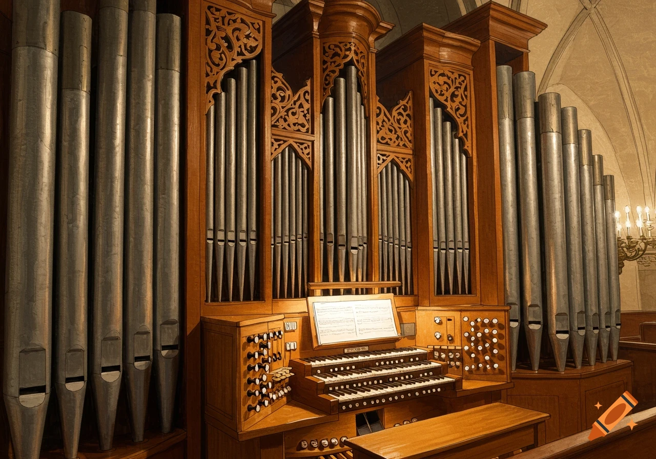 A large, ornate pipe organ with multiple silver pipes, wooden casing, and three keyboards, illuminated by soft light in a grand interior.