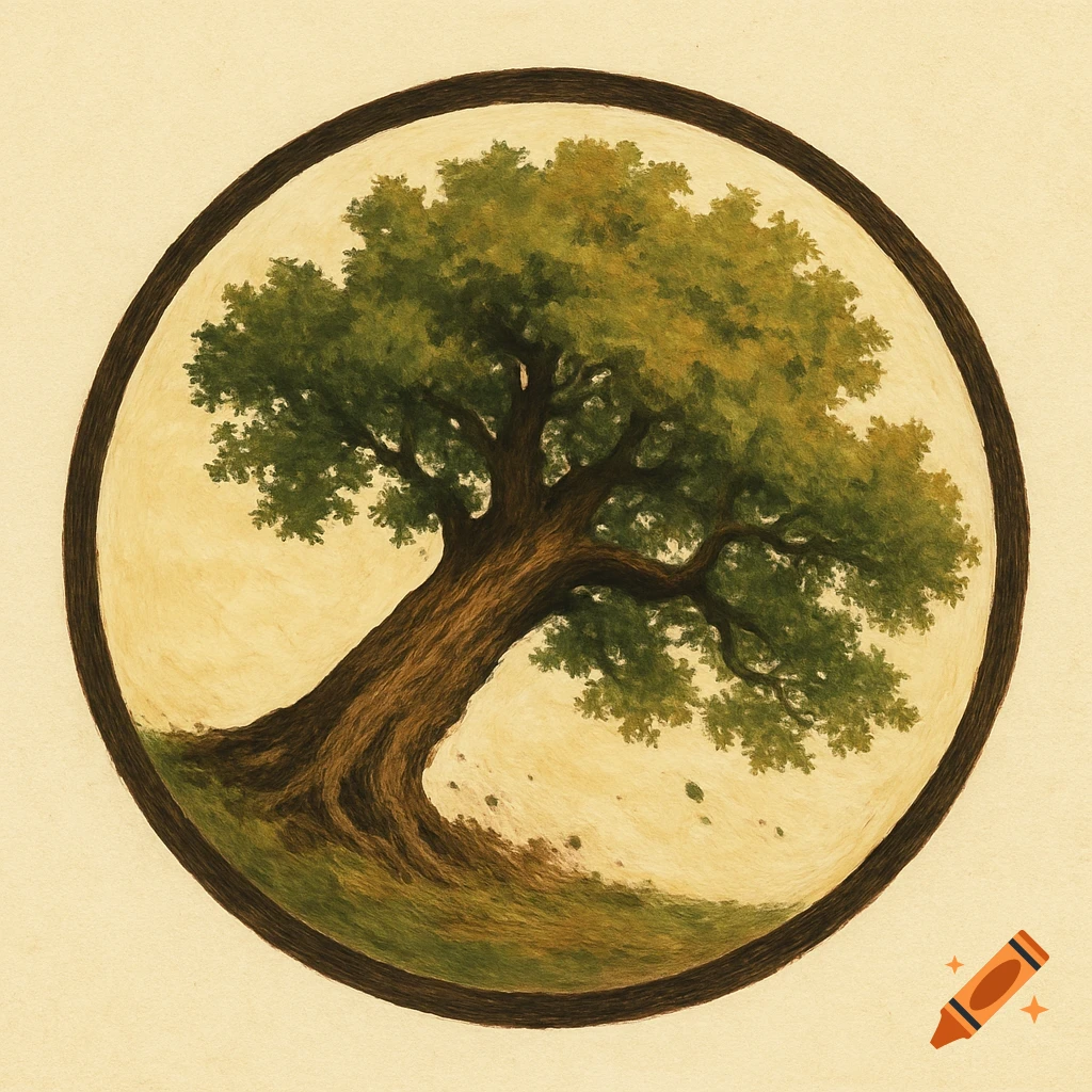 A stylized illustration of a large green and brown tree within a circular, dark brown border, on a light textured background.