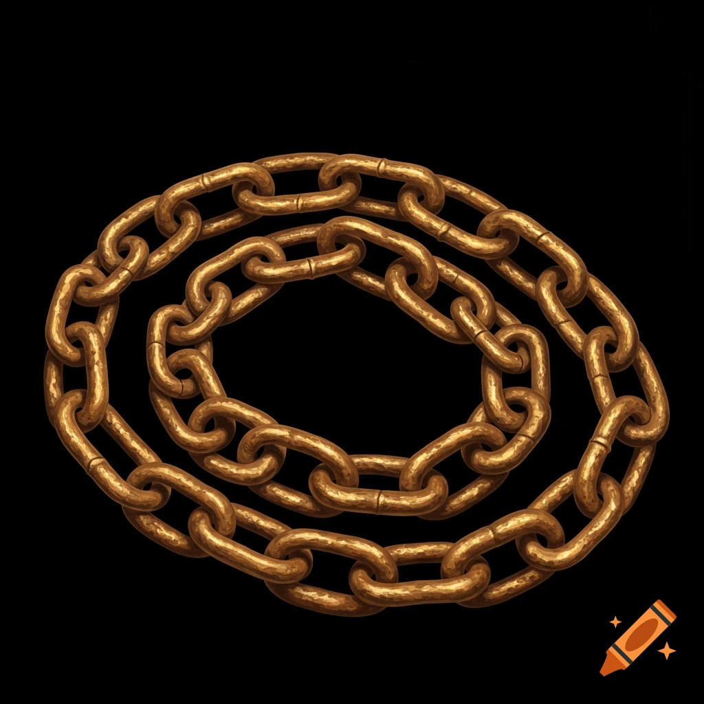 A coiled, rustic gold chain on a black background.