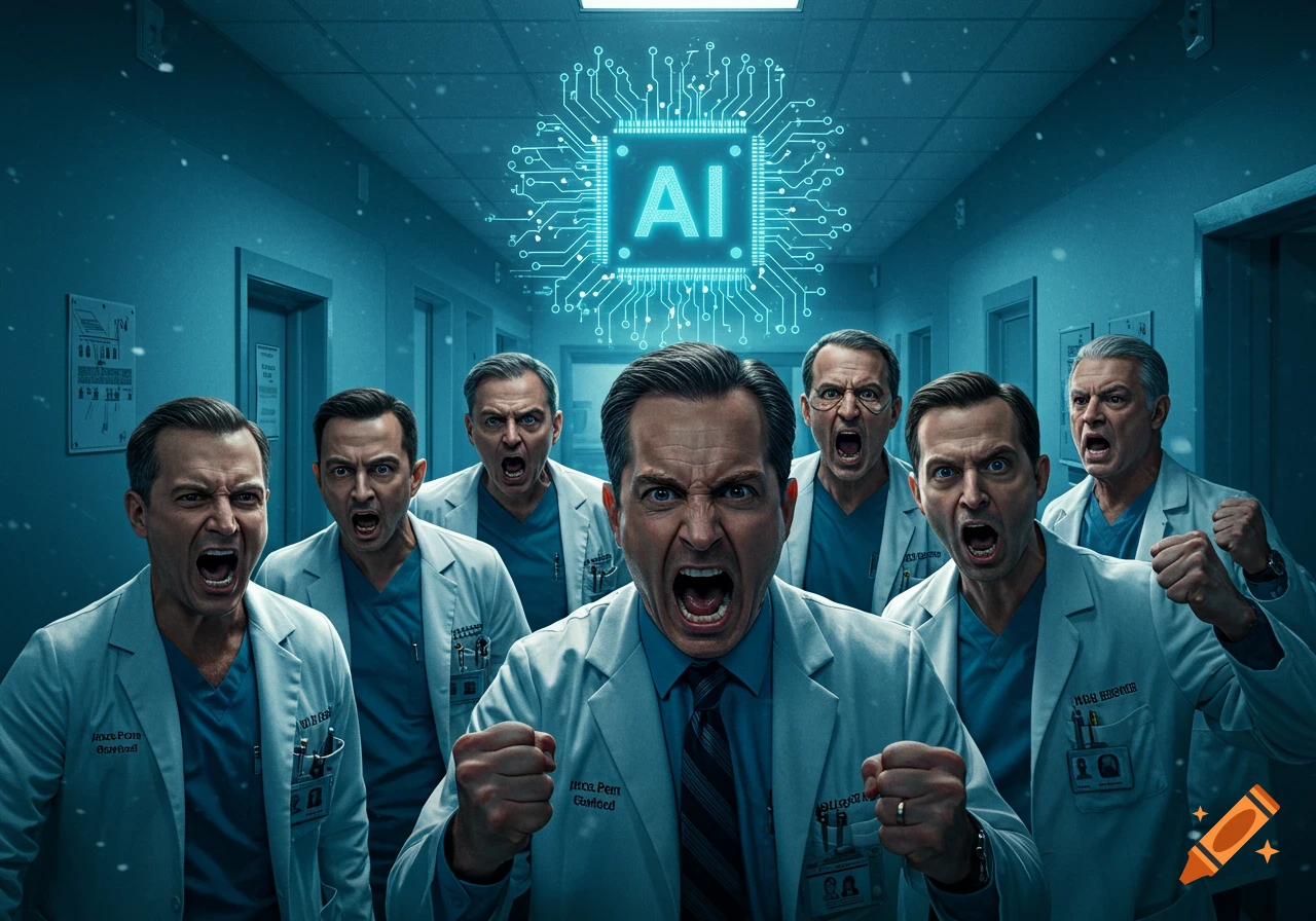 A group of angry male doctors in lab coats shout in a hospital hallway ...