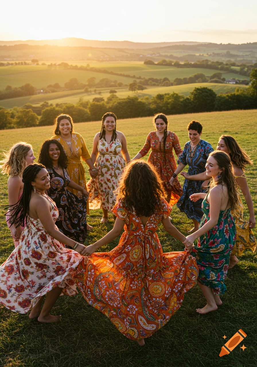 A group of women in colorful dresses dance in a circle in a sunny, green field at sunset.