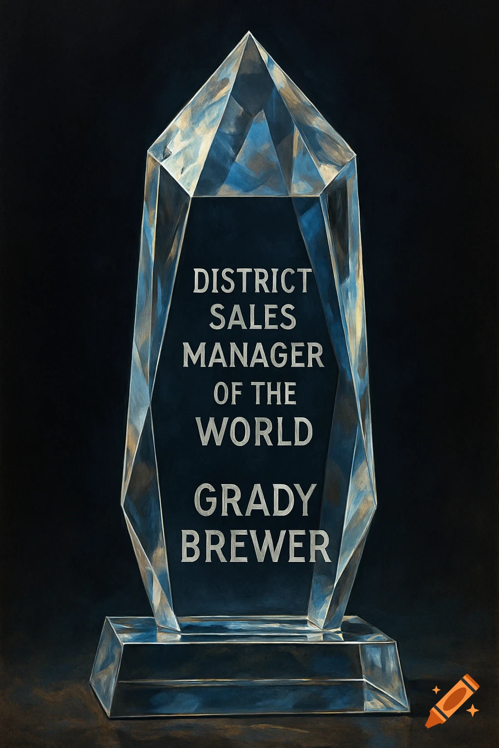 A tall crystal trophy with the inscription 'DISTRICT SALES MANAGER OF THE WORLD GRADY BREWER' on a dark background.