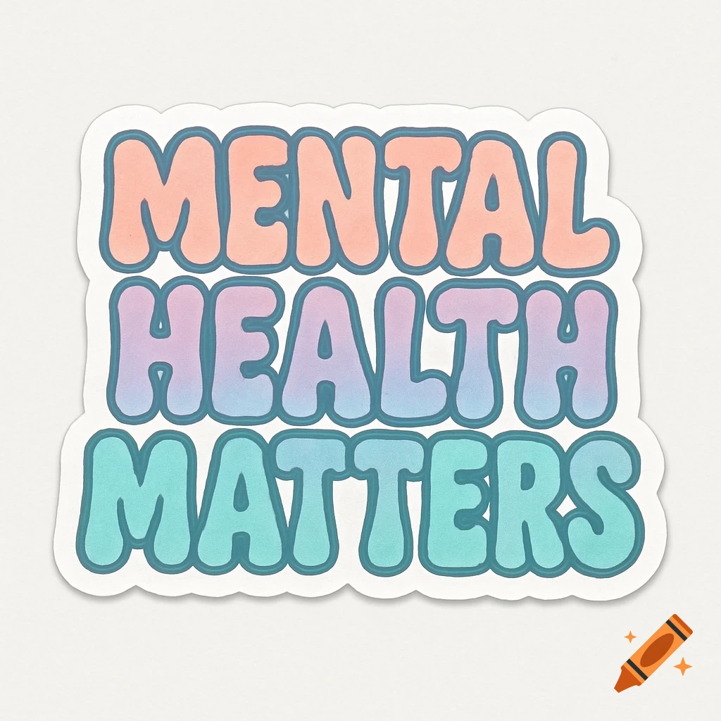 A pastel bubble letter sticker saying 'MENTAL HEALTH MATTERS' in a gradient of pink, purple, and green.