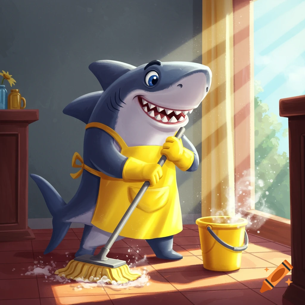 A cheerful cartoon shark wearing a yellow apron and gloves mops a tiled floor with a bucket of soapy water nearby, bathed in sunlight.