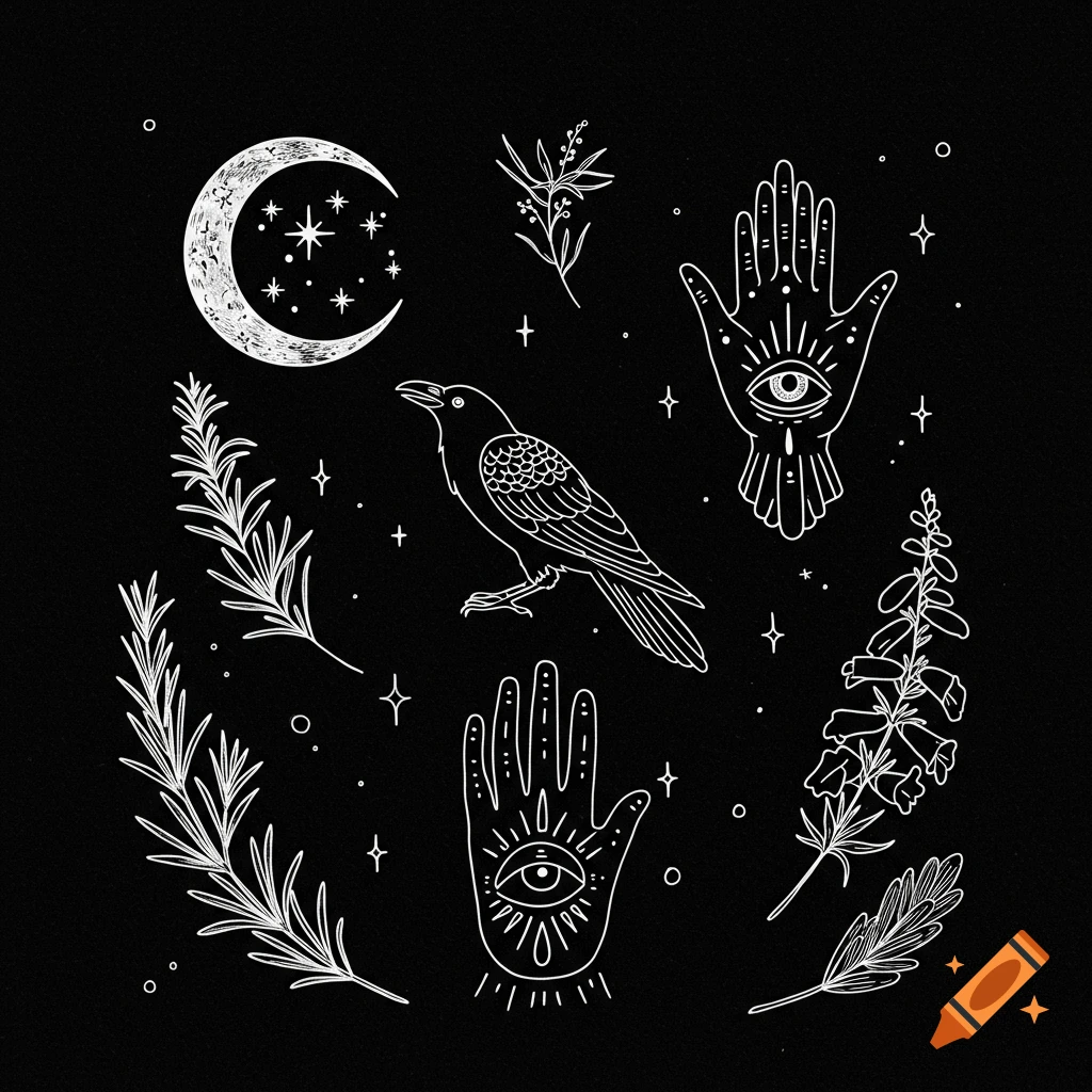 Black and white line art of mystical symbols including a crescent moon, raven, botanical elements, and hands with all-seeing eyes.