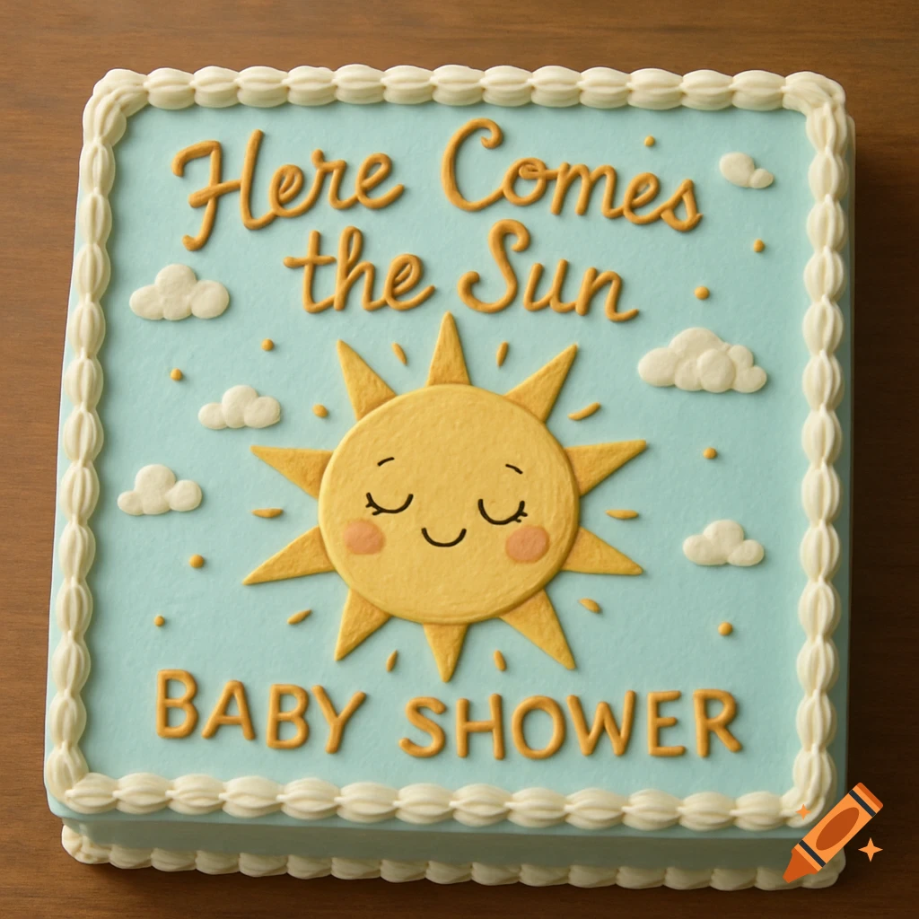 A square light blue baby shower cake with a white piped border features a smiling yellow sun with rosy cheeks and the text "Here Comes the Sun" and "BABY SHOWER" in orange lettering, surrounded by small white clouds.