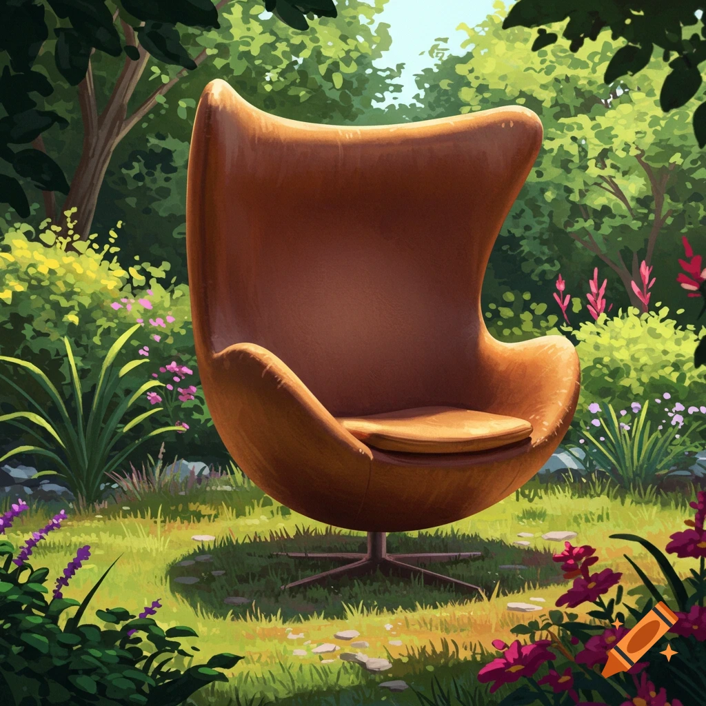 A brown leather Egg chair sits in a lush green garden with colorful flowers in an illustrative style.