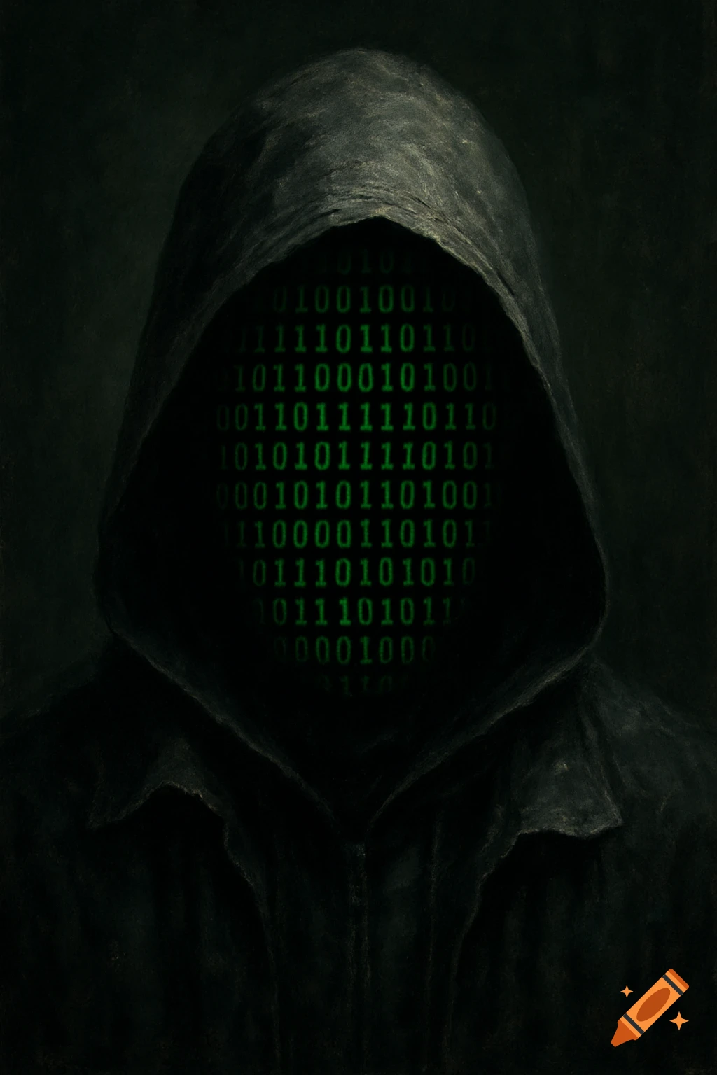 A dark hooded figure with a face made of glowing green binary code in a ...