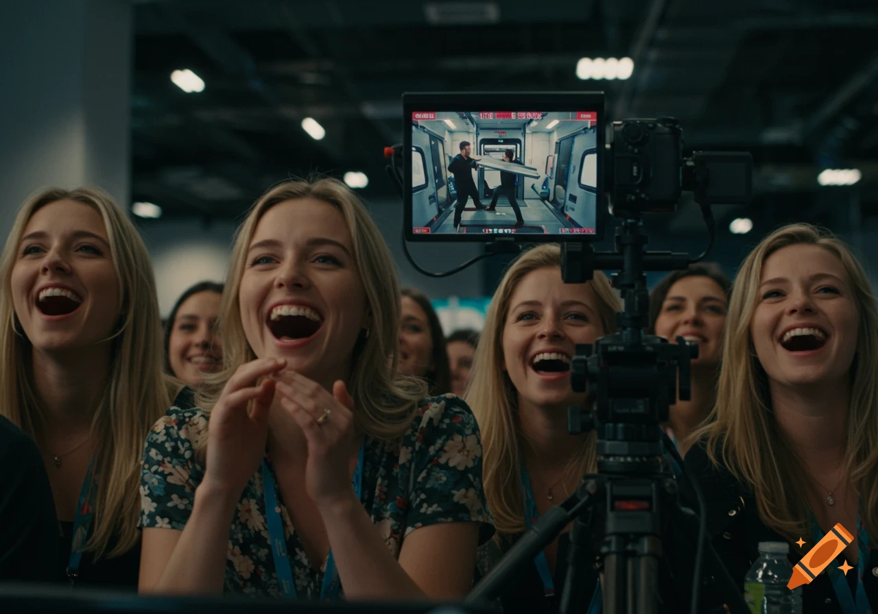 A group of women laughing while watching a live stream on a camera monitor at a tech conference.