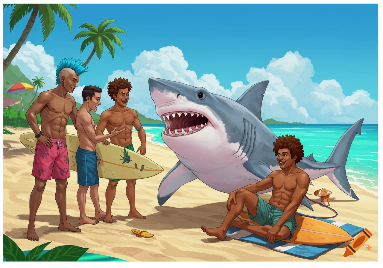 A group of cheerful men in swim trunks on a sunny beach with a large cartoon shark, holding surfboards.