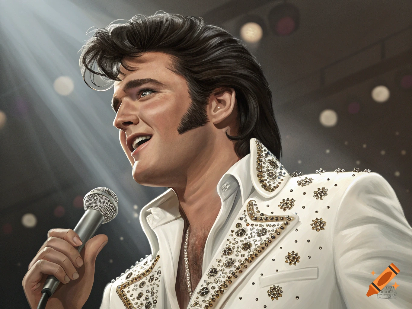 Digital painting of Elvis Presley singing into a microphone on stage, wearing his iconic white jumpsuit with gold and silver embellishments, lit by spotlights.