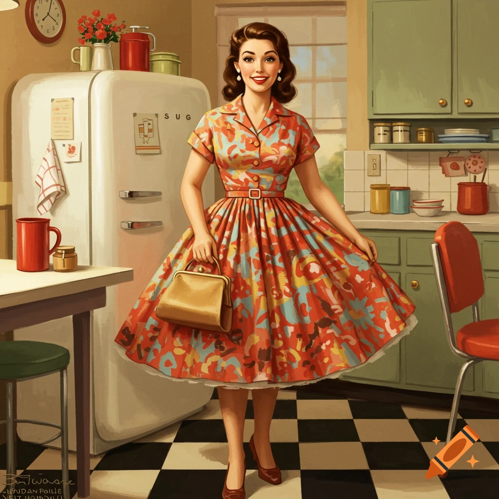A smiling woman in a vibrant, full 1950s-style dress and heels stands in a retro kitchen, holding a small handbag.