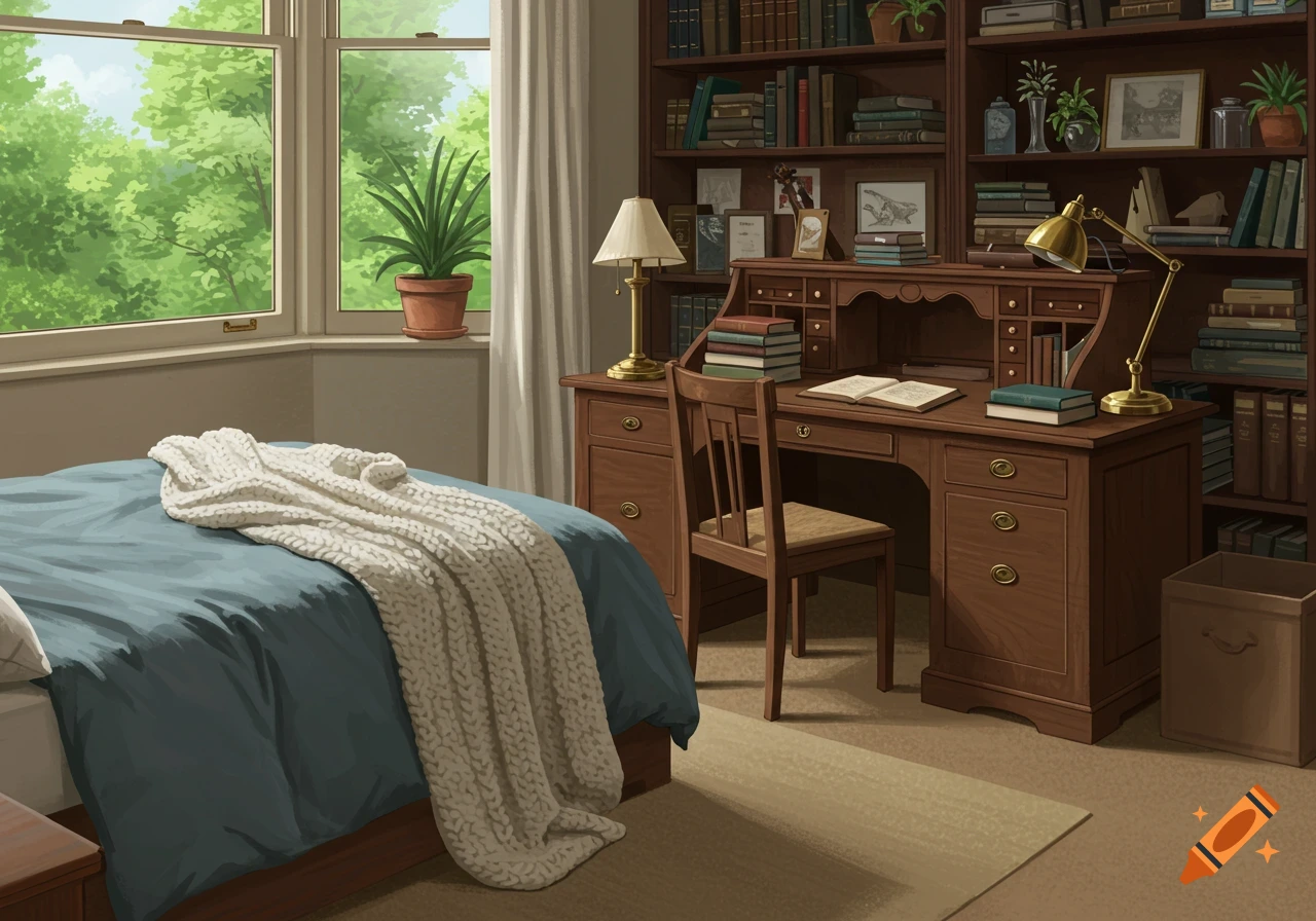 A cozy room with a bed draped in a white knitted blanket and a wooden study desk with bookshelves by a large window overlooking green trees.