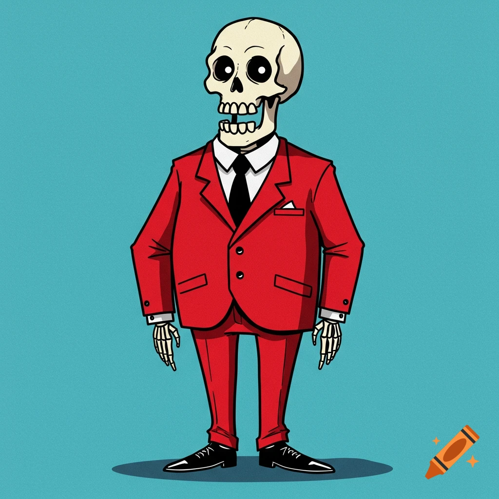 A cartoony skeleton wearing a red suit, white shirt, black tie, black pants, and black shoes, standing against a blue background.