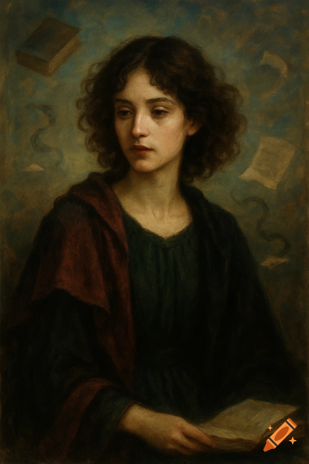 A painterly portrait of a young woman with curly hair holding a book, surrounded by floating books and parchment.