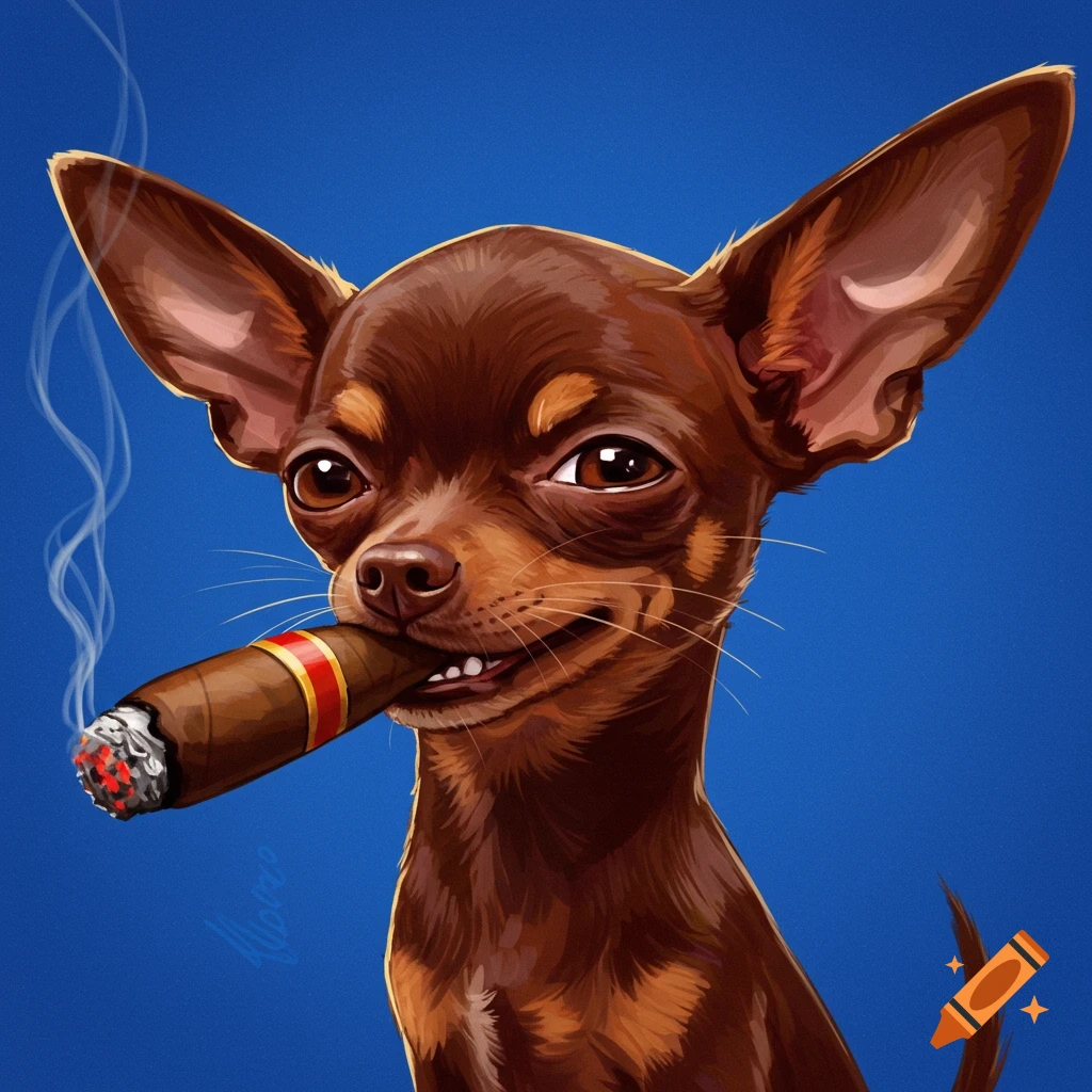 A cartoon brown Chihuahua dog smoking a cigar, set against a solid blue background.