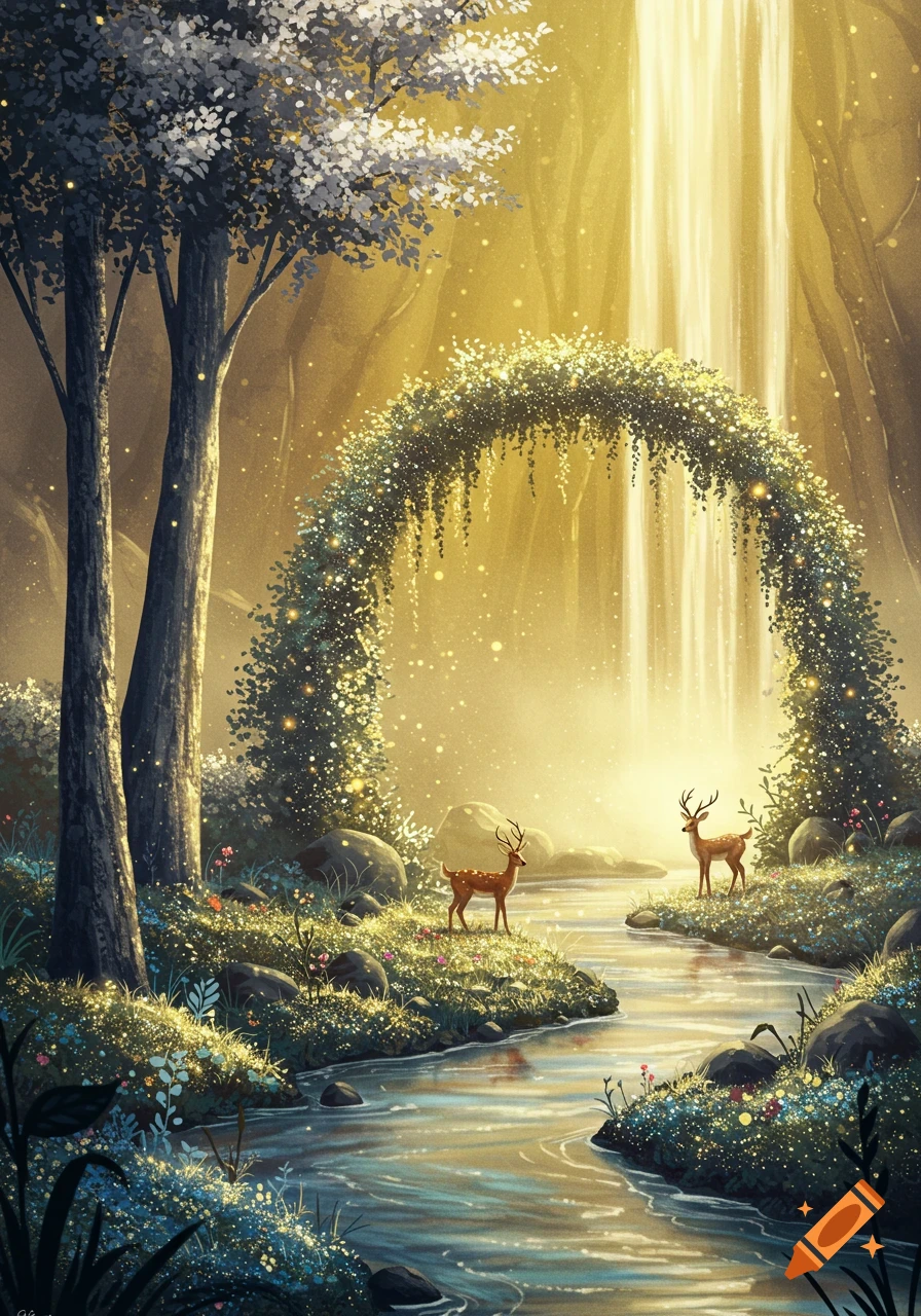 A magical forest illustration with a golden waterfall, a flowing stream ...