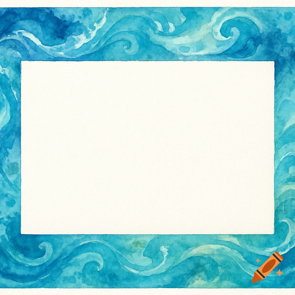 Watercolor border with blue waves surrounding a white rectangular space.