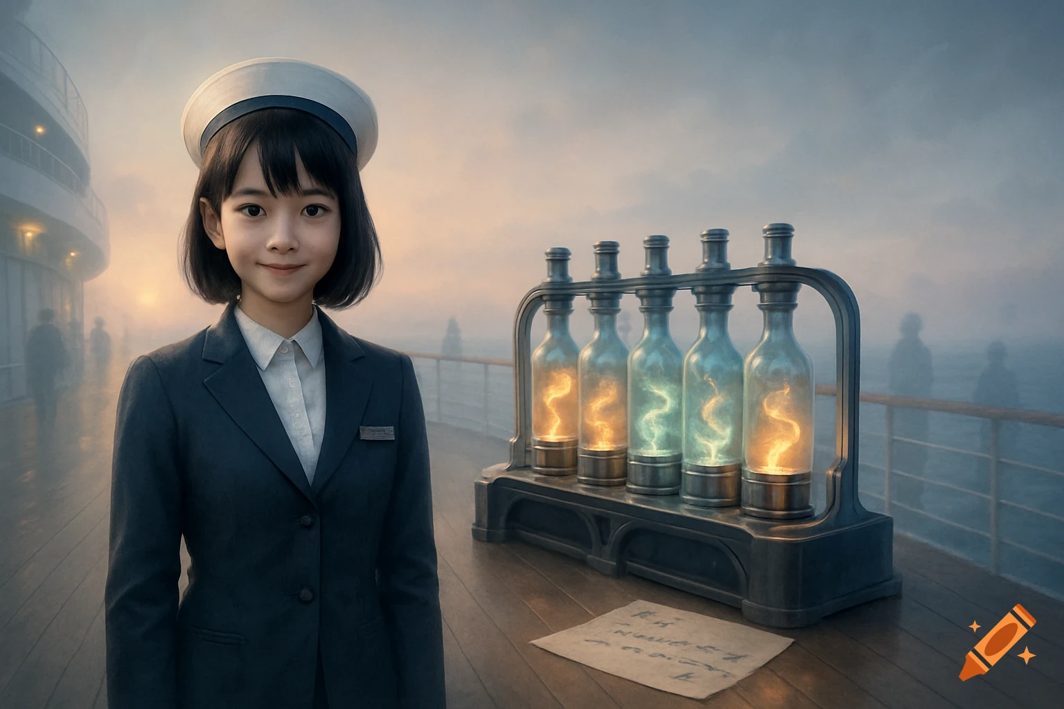 A young Asian woman in a dark blue sailor's uniform stands on a misty ship deck beside glowing, futuristic bottles and a letter. Dreamlike, cinematic style.