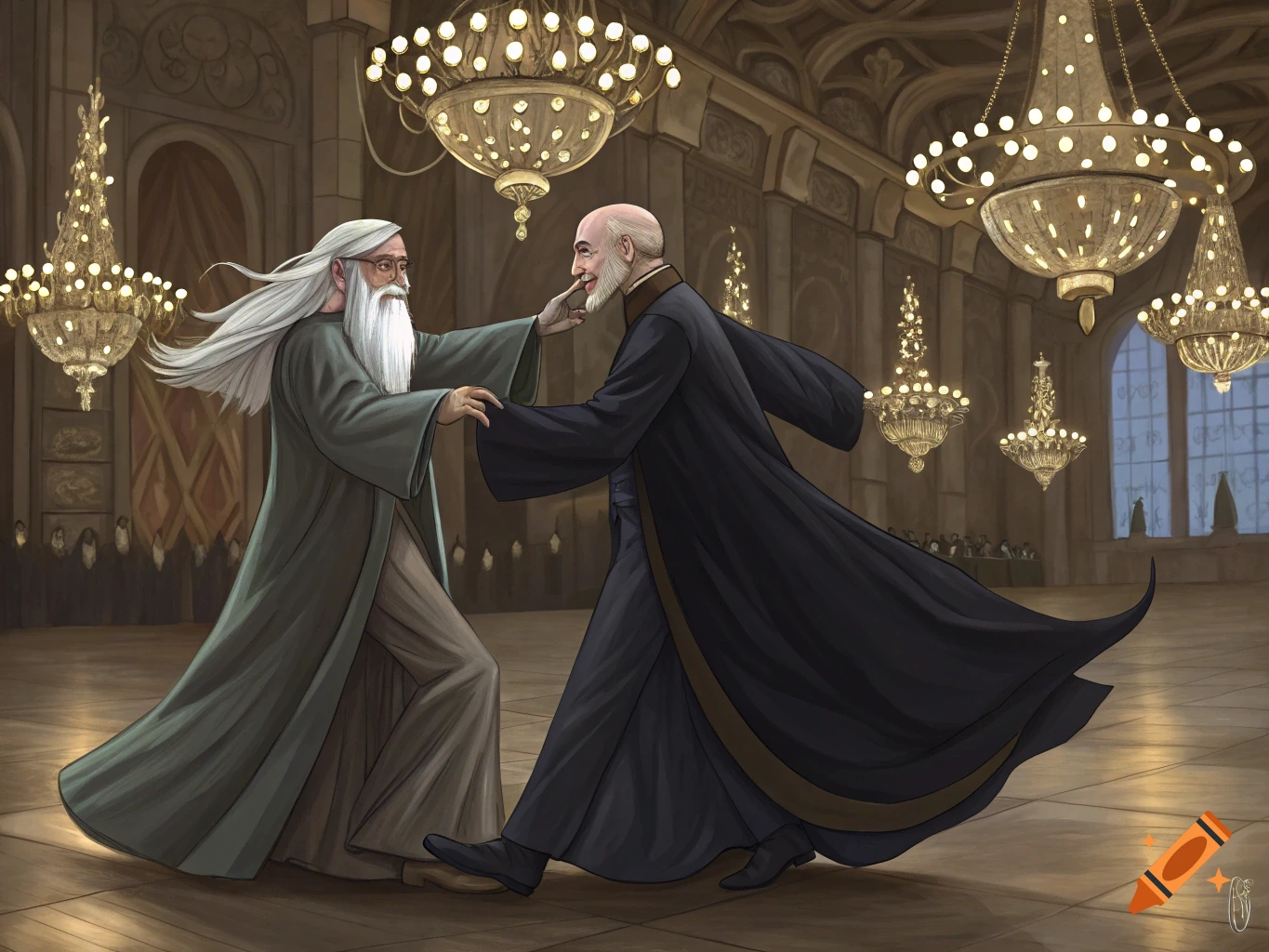 A white-haired wizard in green robes dances with a bald, dark-robed man in a grand ballroom with chandeliers.