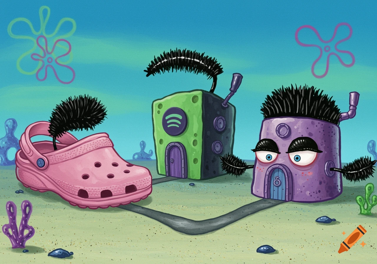 Three Spongebob-style houses underwater, one green with a Spotify logo, one purple with mascara eyes, and a pink Croc shoe, all topped with mascara wands.