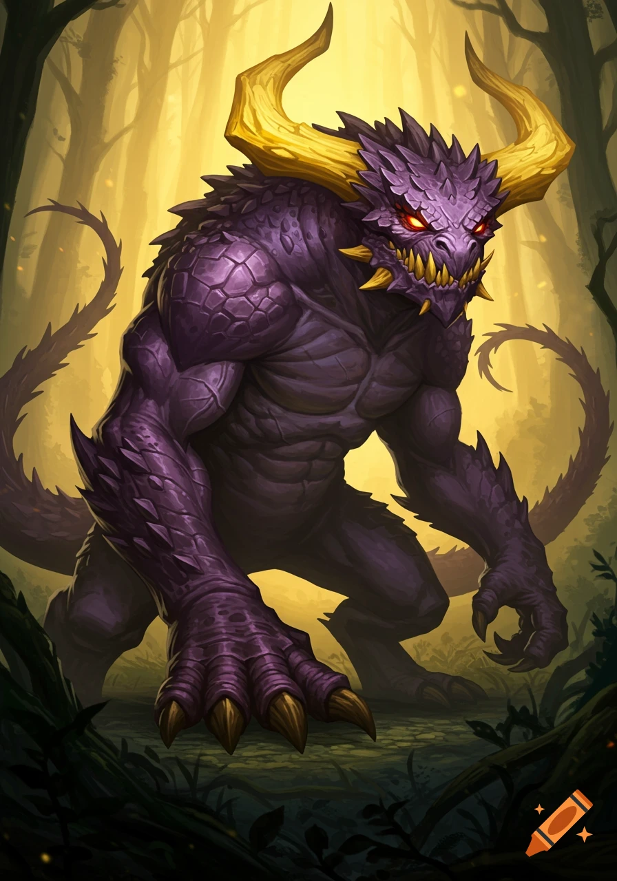 A stylized illustration of a gigantic purple monster with scaly skin, yellow horns, glowing red eyes, massive feet, and spiky tails, standing in a golden-lit forest.