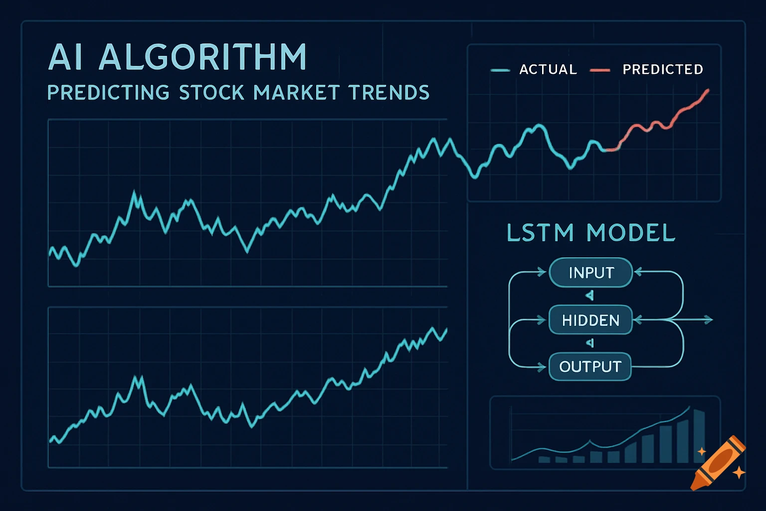 Digital dashboard displaying AI algorithm predicting stock market trends with time-series charts and LSTM model visualization.