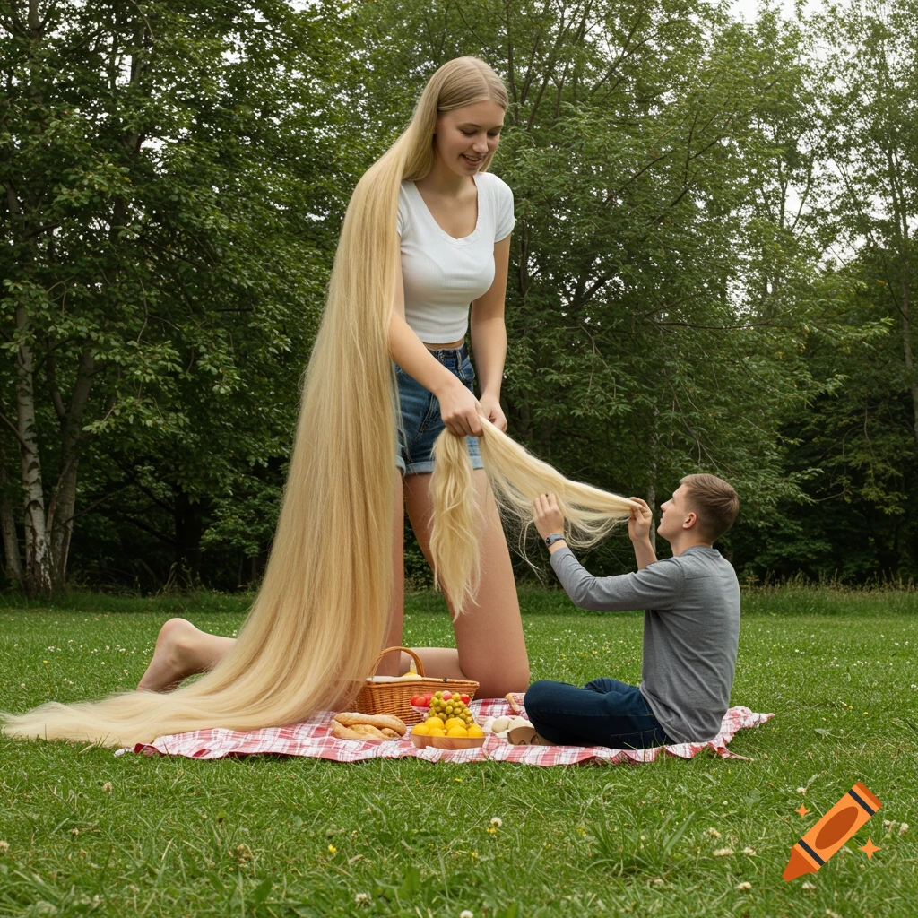 Photorealistic image of a woman with immensely long blonde hair kneeling on a picnic blanket in a field, smiling down at a man who is sitting and holding strands of her hair.