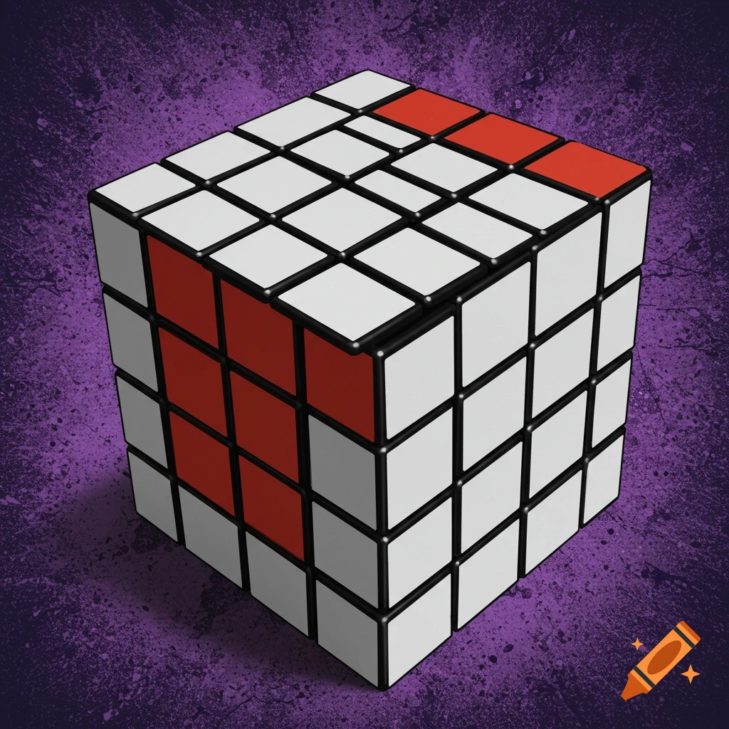 A 4x4 Rubik's cube showing red and white squares, set against a dark purple splattered background.