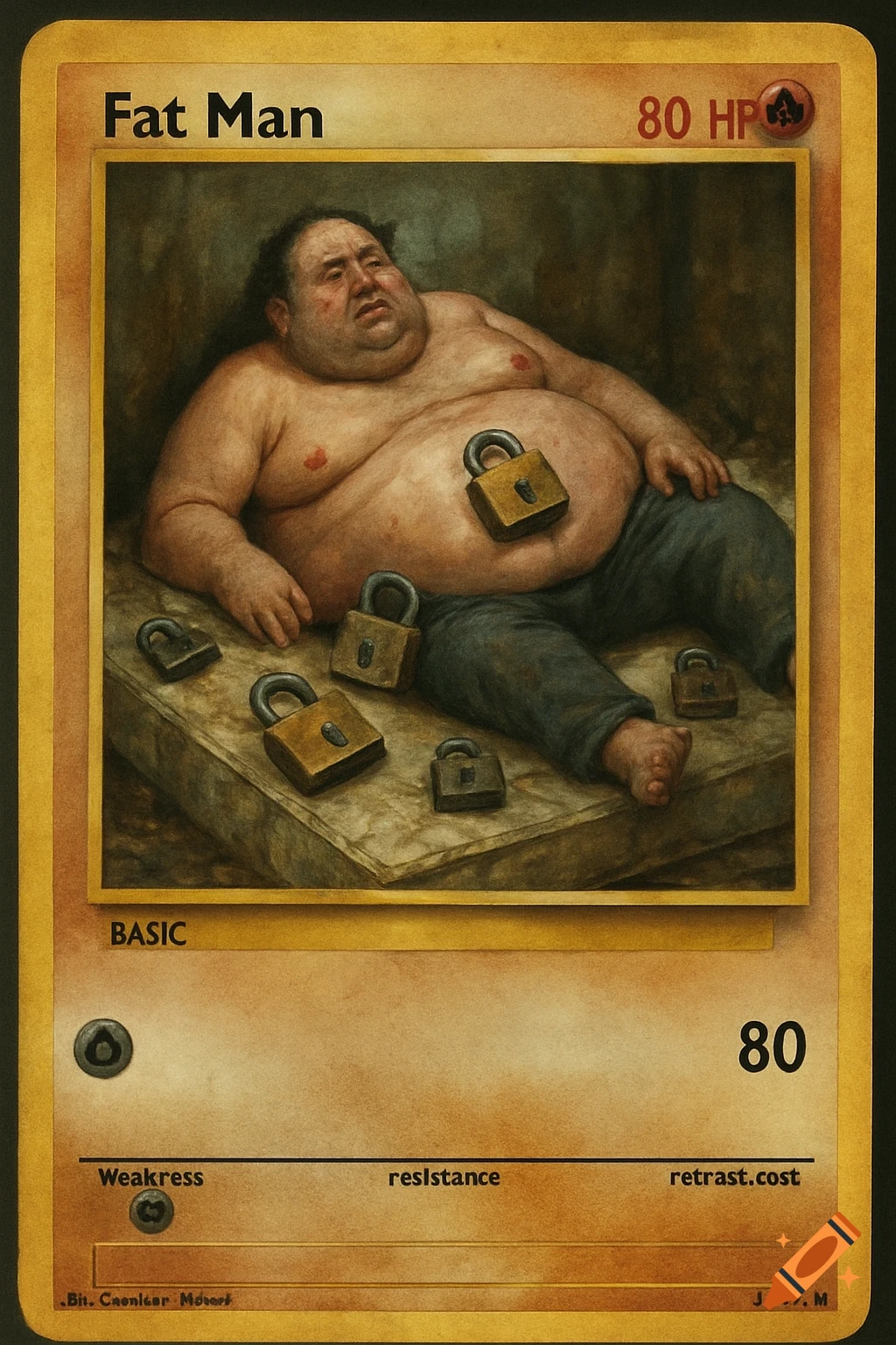 A stylized Pokemon card featuring a painting of an overweight man lying on a dirty mattress, surrounded by several padlocks. The card has 'Fat Man' as its title.