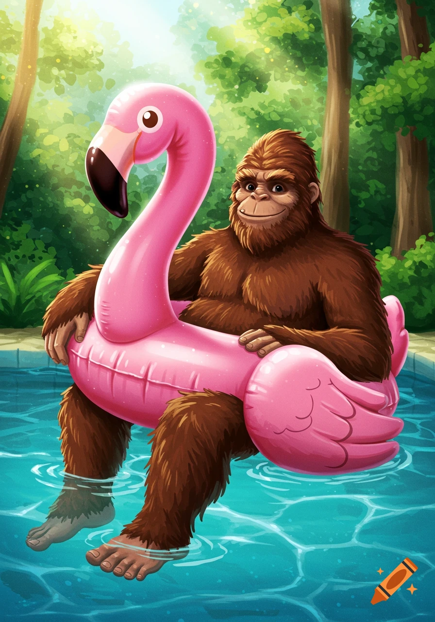 A cartoon Bigfoot floats in a swimming pool on a pink flamingo inflatable, surrounded by trees.