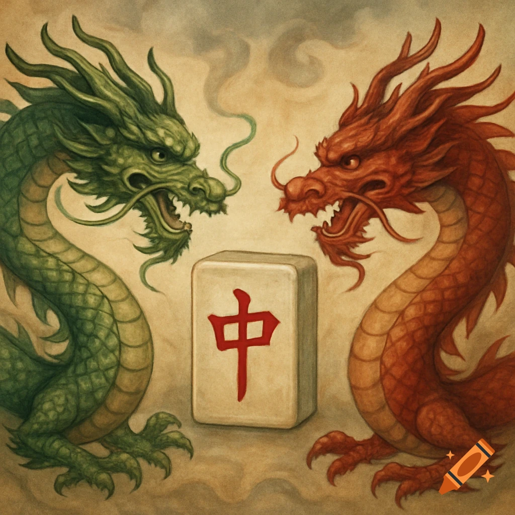 Green and red dragons face off over a Mahjong tile with a red character, in a painterly style.
