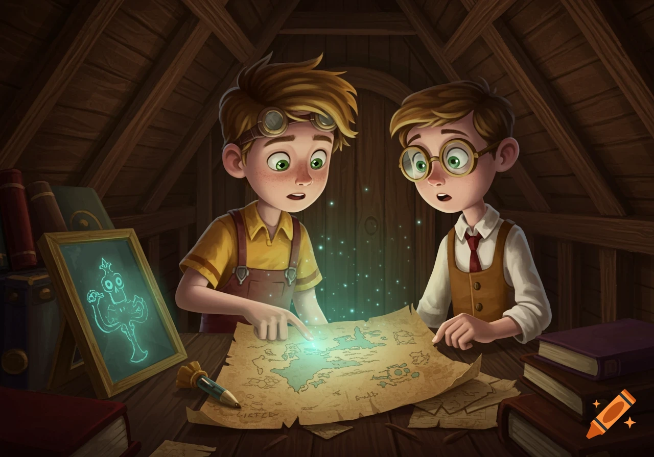 Two young boys in an attic excitedly examine a glowing, ancient map on a wooden table, surrounded by old books.